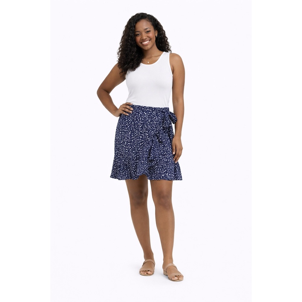 SHEIN Navy Blue Polka Dot Wrap Skirt Size L Tie Front Ruffle Hem‎ Mini Like New